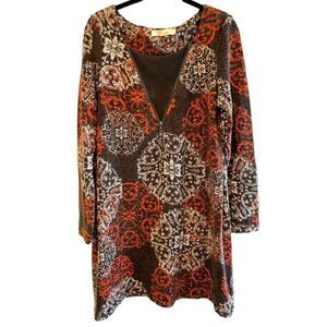 Aryeh Tunic Dress Brown Medallion Print Zip Front Boho Knit‎ Womens Medium